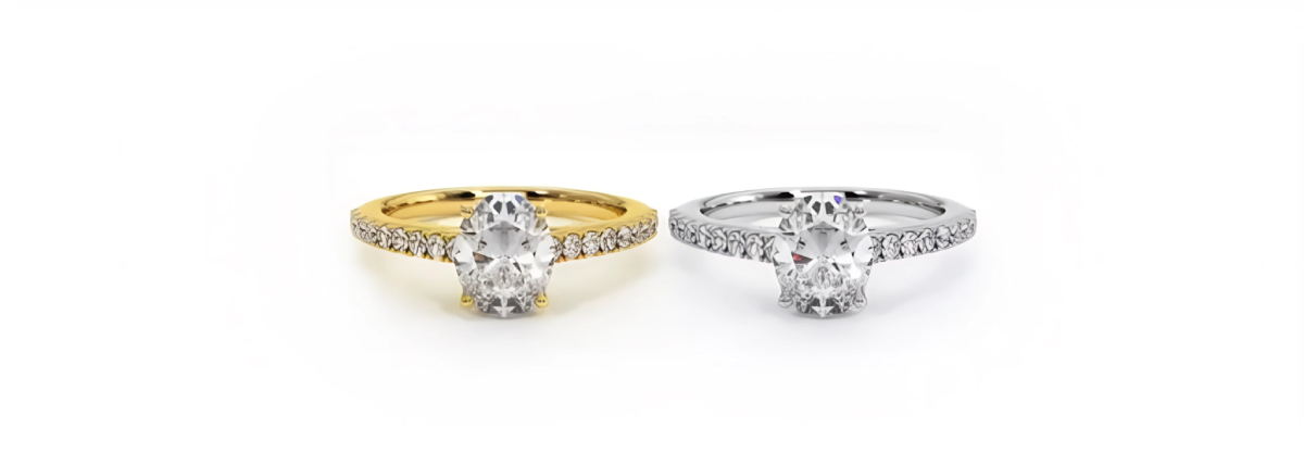 Deux bagues de fiançailles serties de diamants, l'une en or jaune et l'autre en platine, illustrant la différence de couleur et d'éclat entre ces deux métaux précieux utilisés en joaillerie.